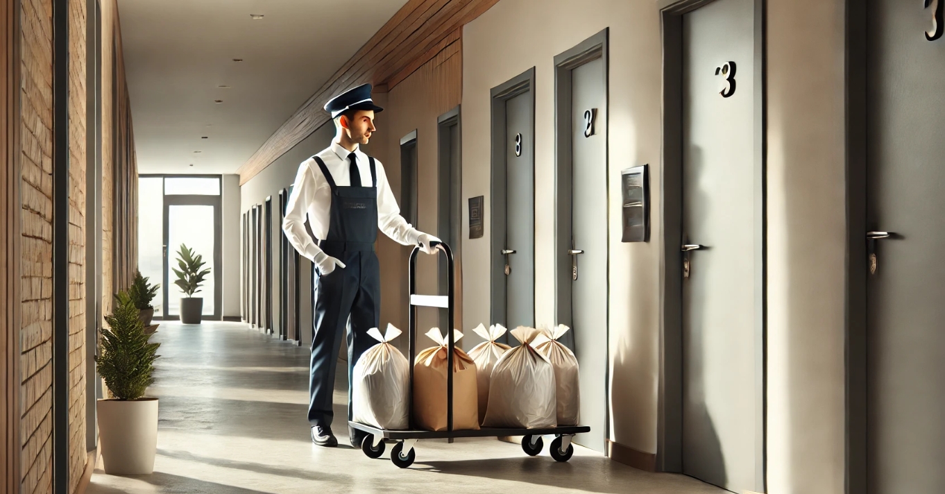 Valet trash attendant collecting garbage in an apartment complex, showcasing professional waste management service.