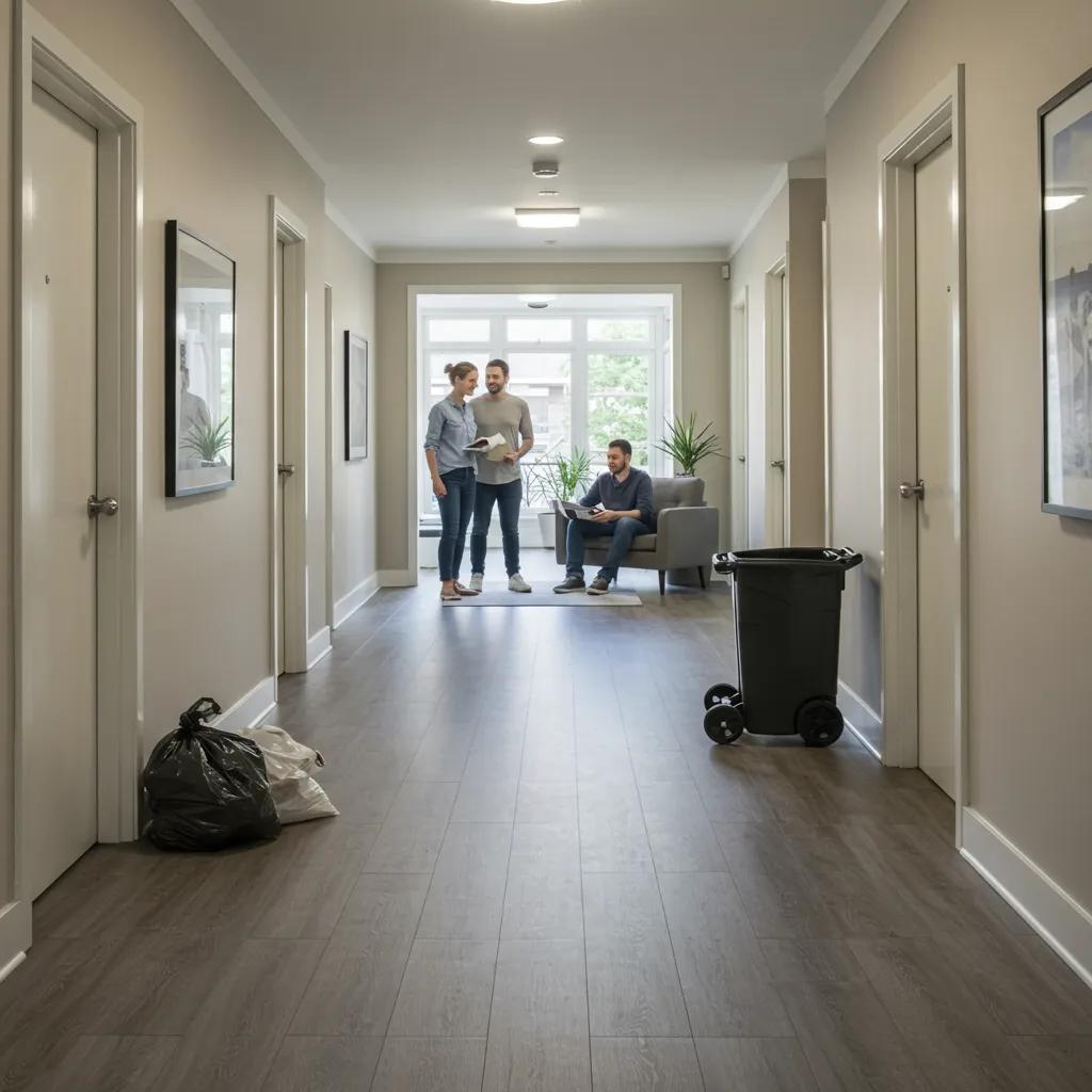 Clean apartment hallway with a happy family, representing the benefits of valet trash services in enhancing community cleanliness and convenience.