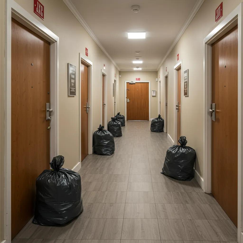 Clean apartment hallway with sealed trash bags outside doors, representing the benefits of valet trash service for residents