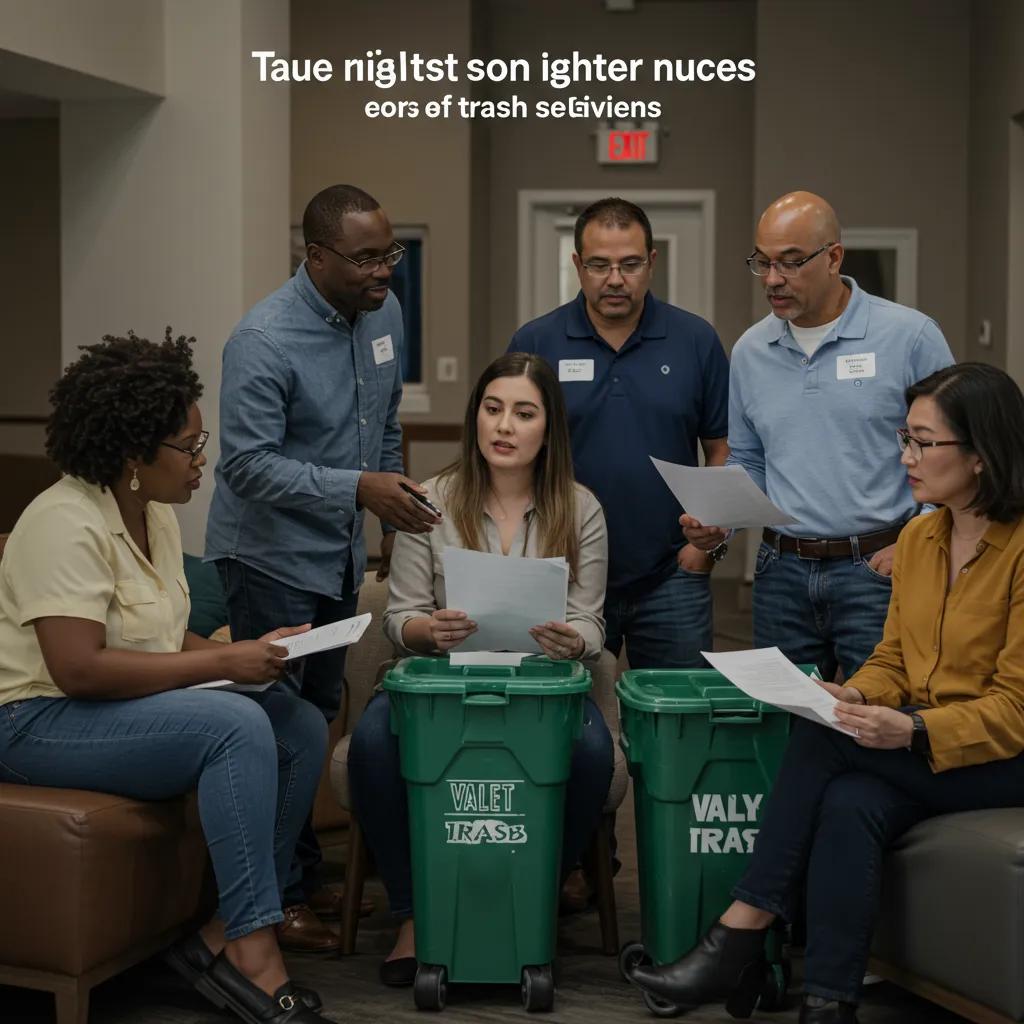 Diverse group of apartment residents discussing tenant rights concerning valet trash services