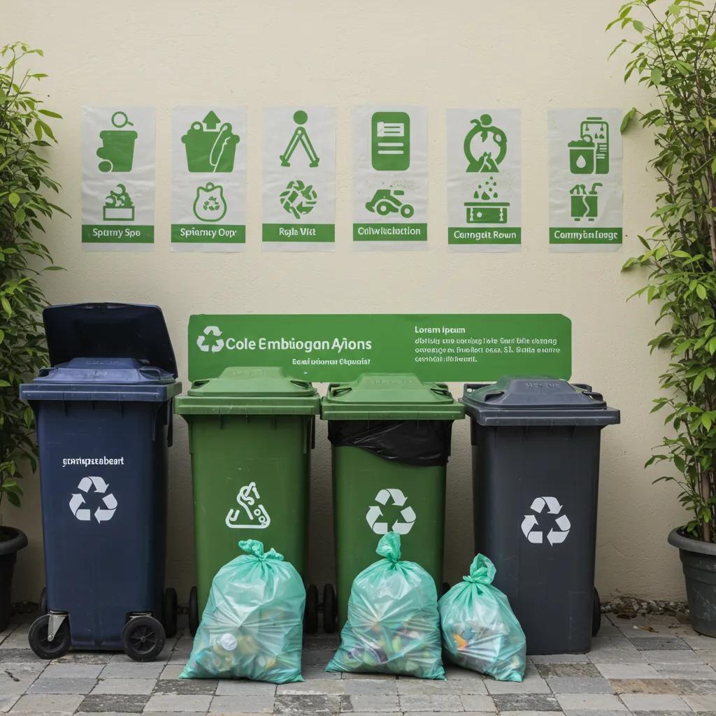 Eco-friendly waste management practices with recycling bins and biodegradable bags, showcasing sustainability in valet trash services