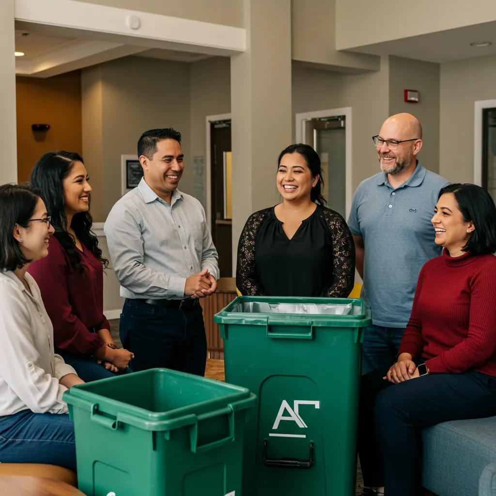 Happy apartment residents discussing their positive experiences with valet trash services, emphasizing community satisfaction