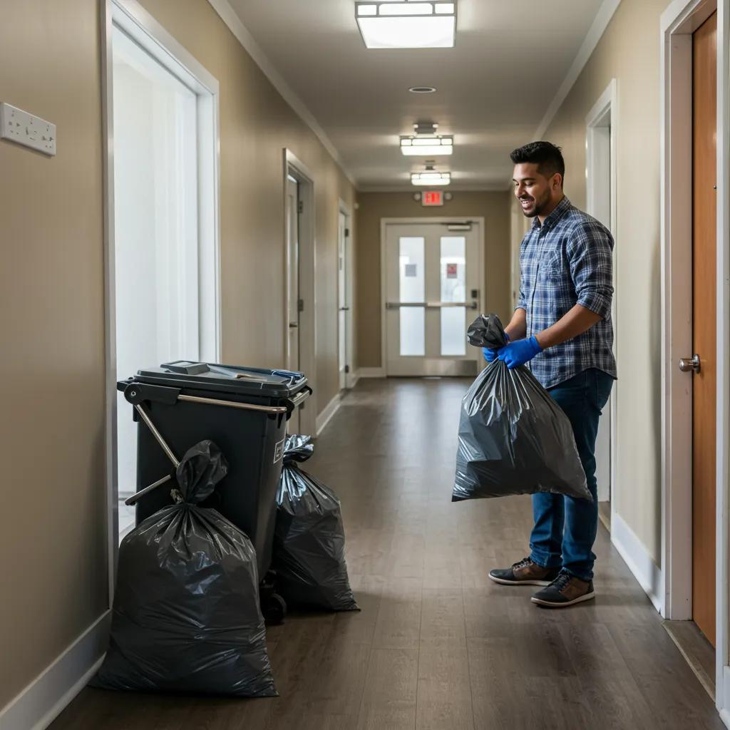 Happy resident using valet trash service, emphasizing convenience and cleanliness in apartment living