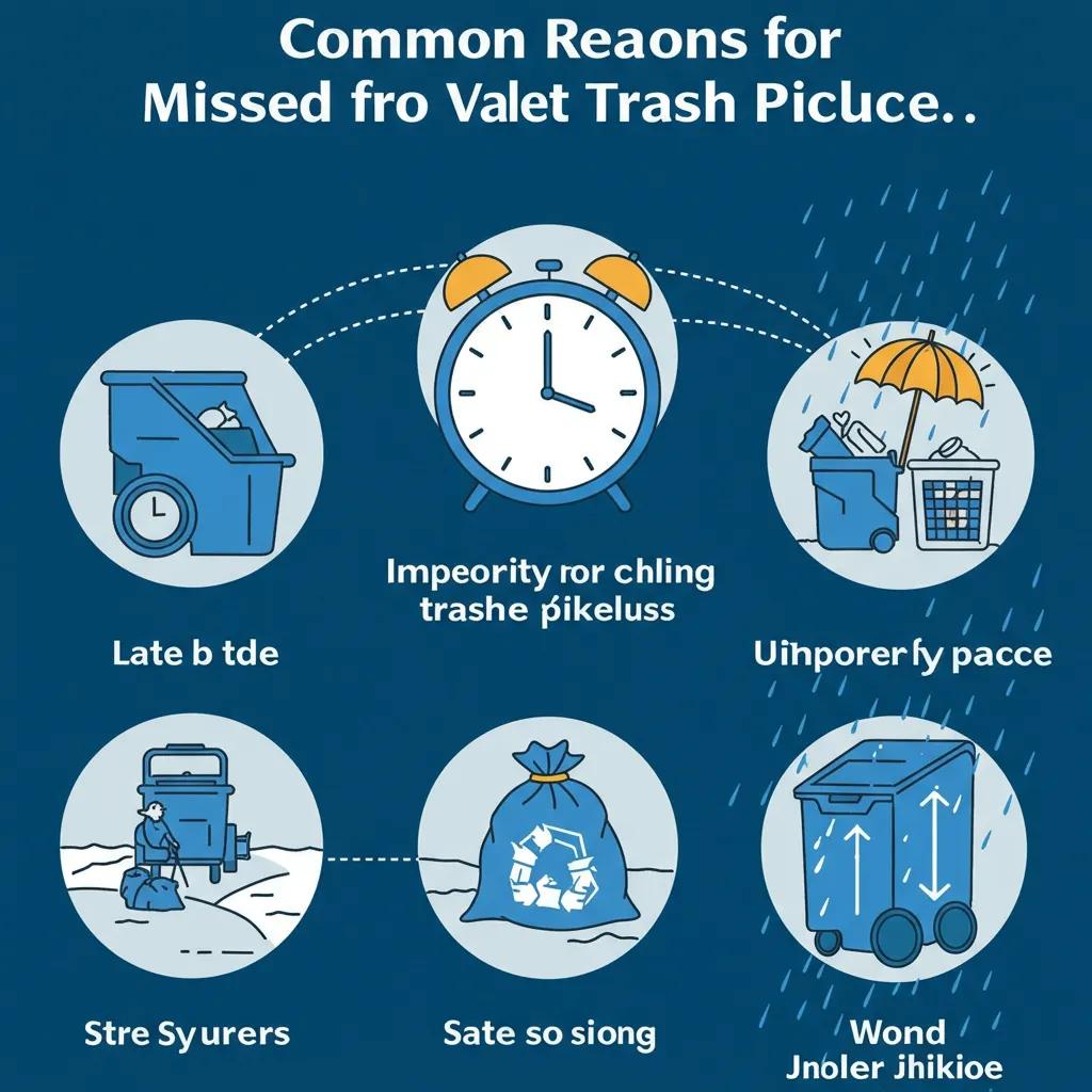 Illustration of common reasons for missed valet trash pickups, including late placement and weather challenges