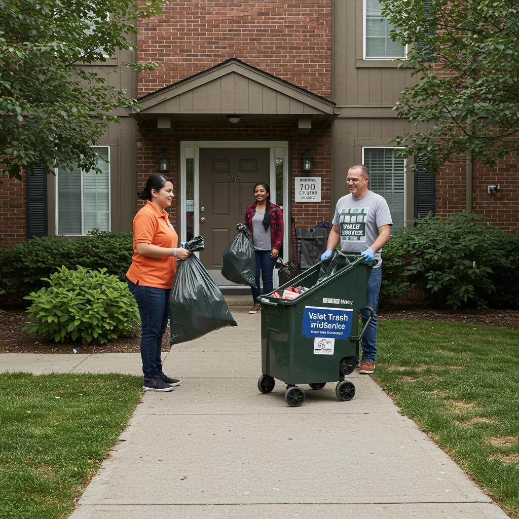 Minneapolis apartment valet trash service with attendant collecting trash bags