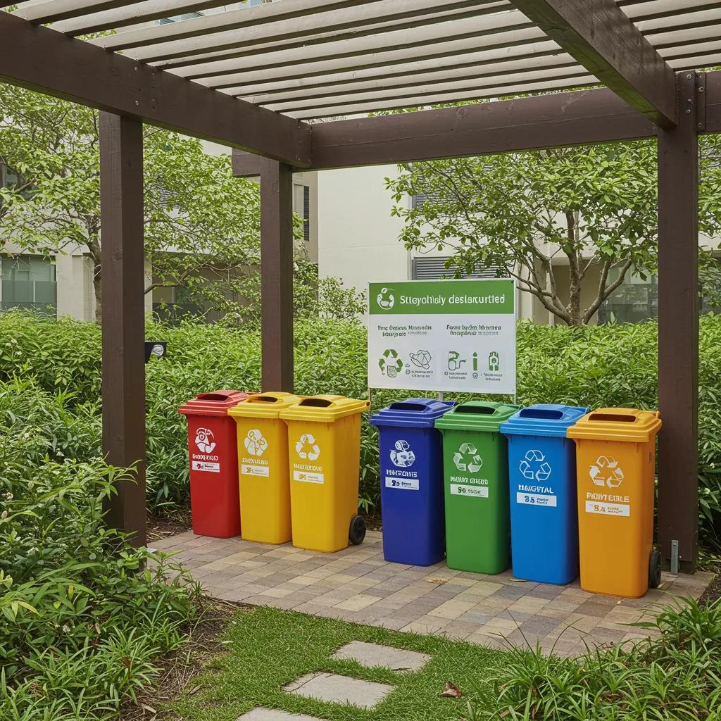 Recycling station with eco-friendly bins, promoting sustainable waste management practices in apartment communities