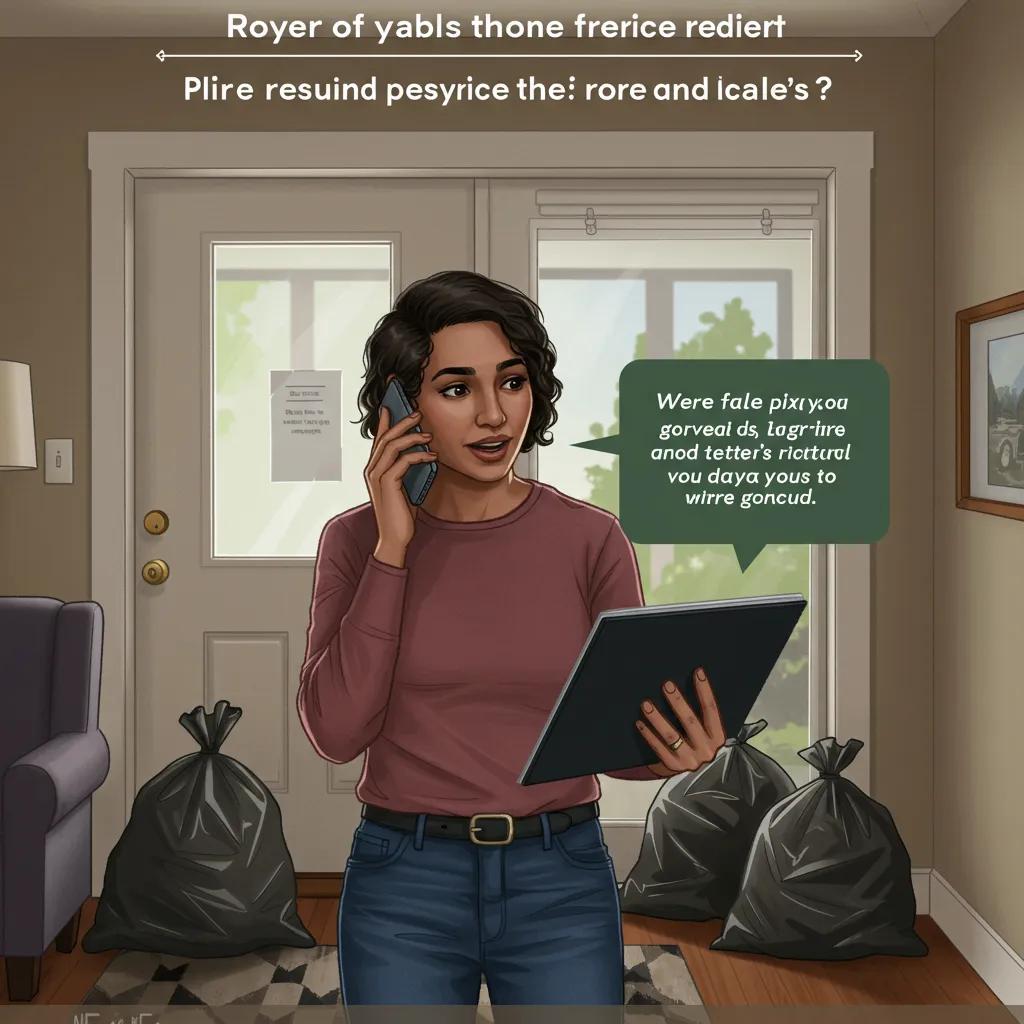 Resident reporting a missed valet trash pickup via phone in a cozy apartment setting