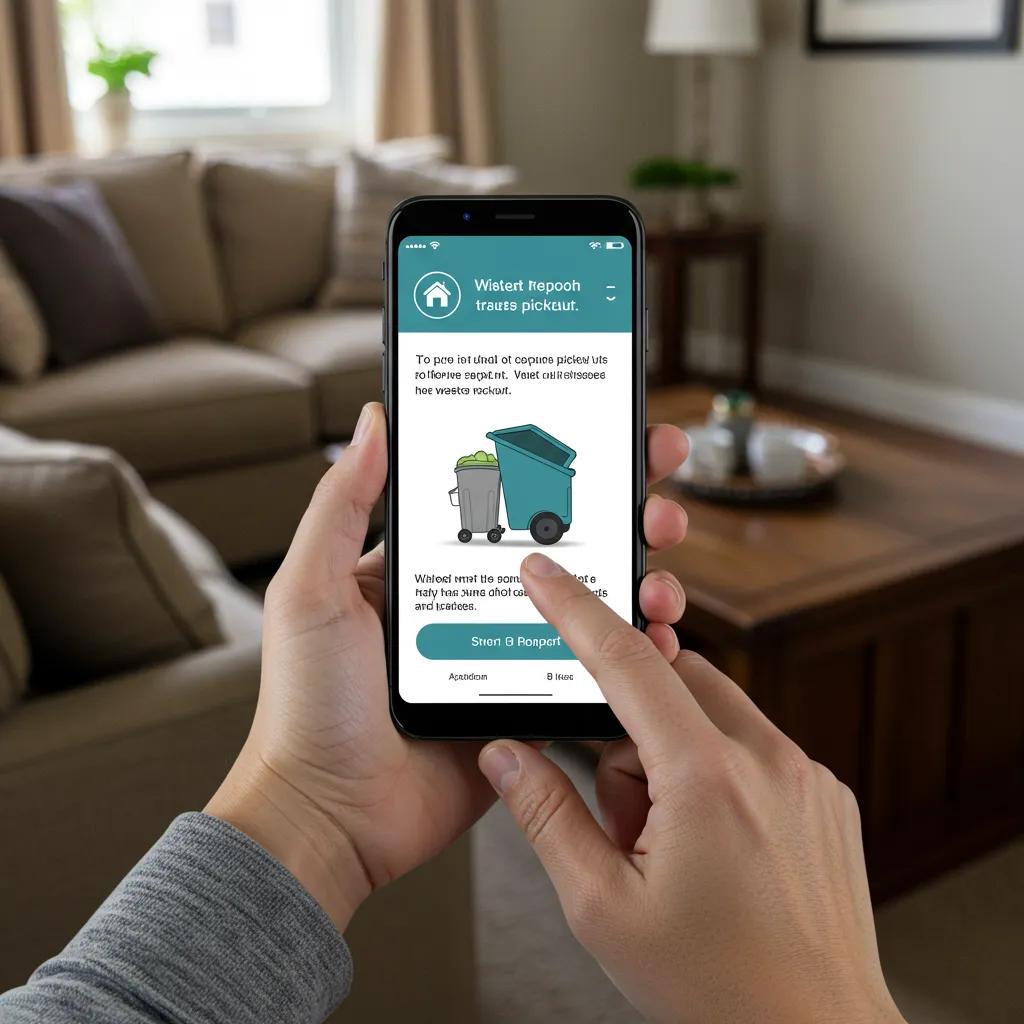 Resident using a smartphone to report a missed valet trash pickup in their Minneapolis apartment