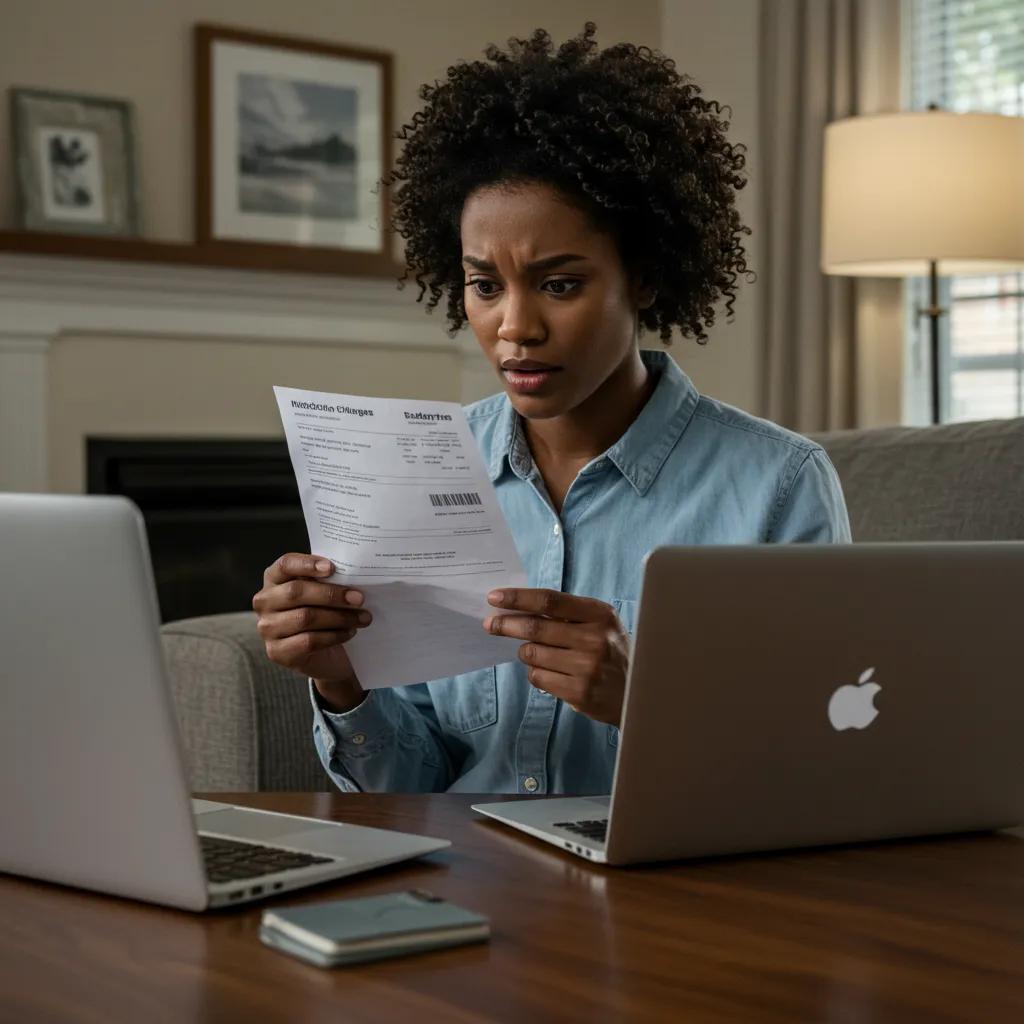 Resident reviewing a bill with hidden fees for valet trash services in an apartment