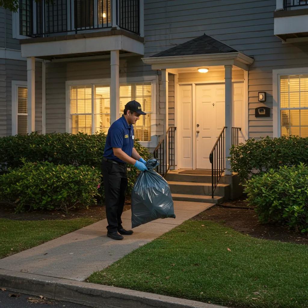 Valet trash service attendant collecting bags from an apartment doorstep, highlighting convenience and cleanliness