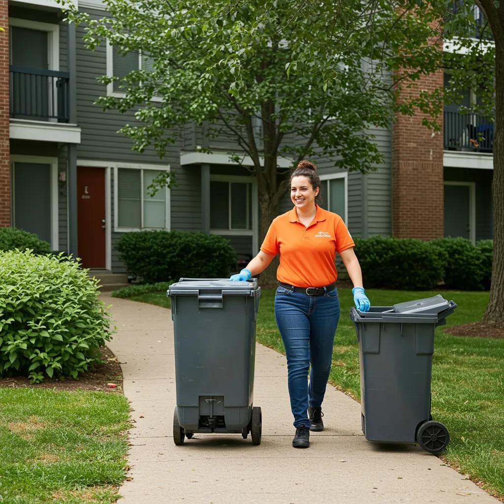 Valet trash service employee collecting waste at an apartment doorstep in Minneapolis, highlighting convenience and community engagement.