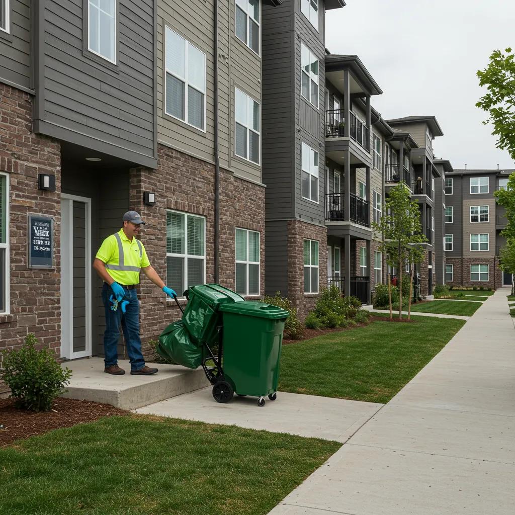 Valet trash service in Minneapolis with a worker collecting waste from an apartment doorstep