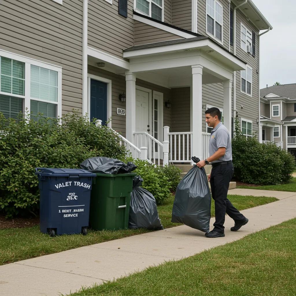 Valet trash service staff collecting bags from an apartment doorstep, emphasizing convenience and cleanliness