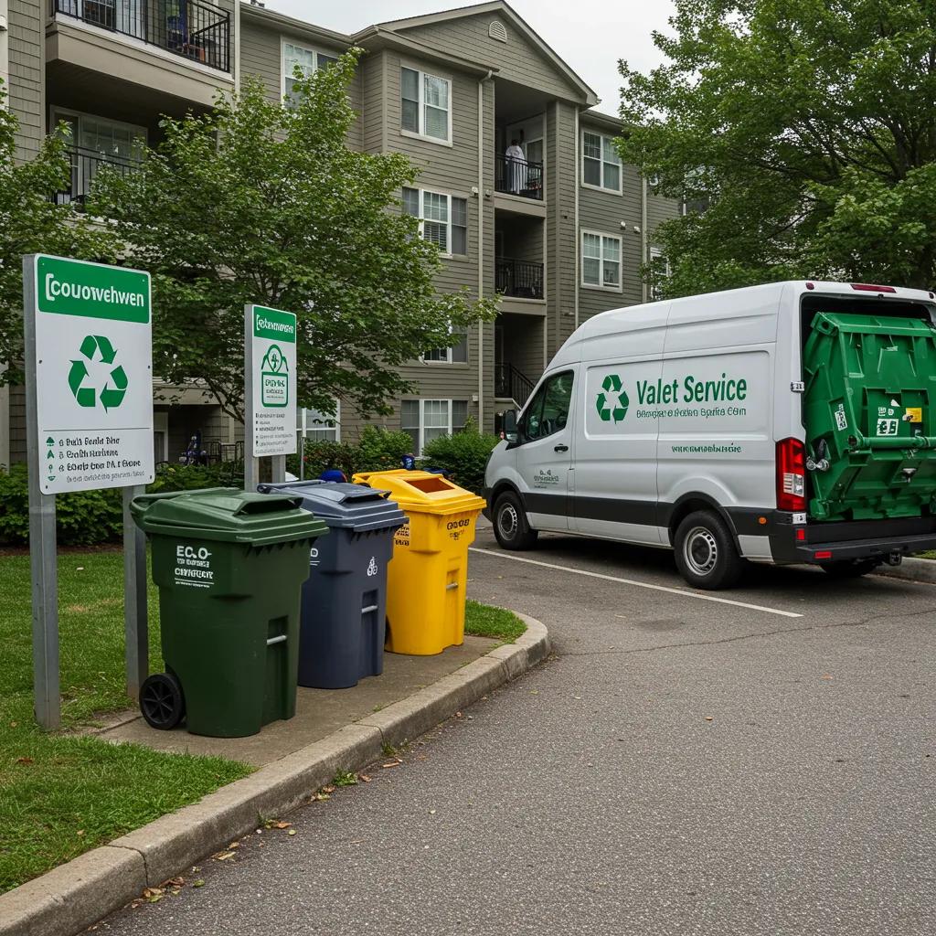 Valet trash service vehicle next to recycling and compost bins in an apartment complex, showcasing sustainable waste management practices.