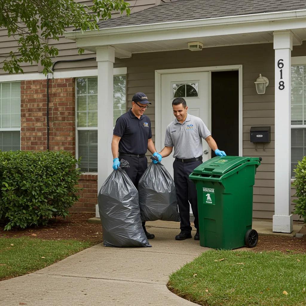 Valet trash service worker collecting bags from an apartment doorstep, emphasizing convenience and community