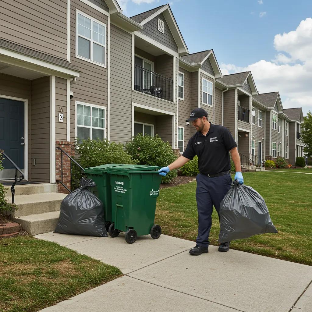 Valet trash service worker collecting bags from an apartment doorstep in Minneapolis, highlighting convenience and community cleanliness