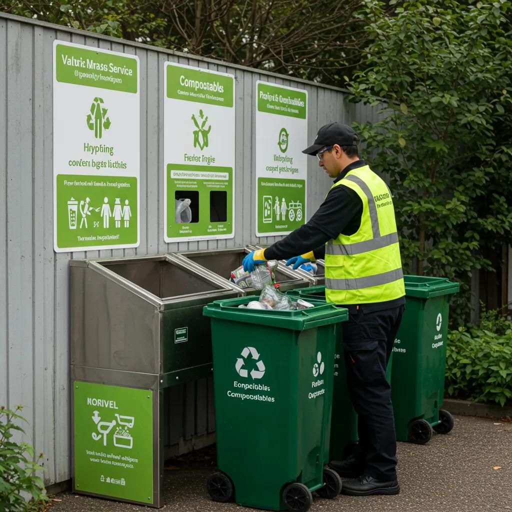 Valet trash service worker sorting recyclables and compostables at an eco-friendly waste station, highlighting sustainability efforts