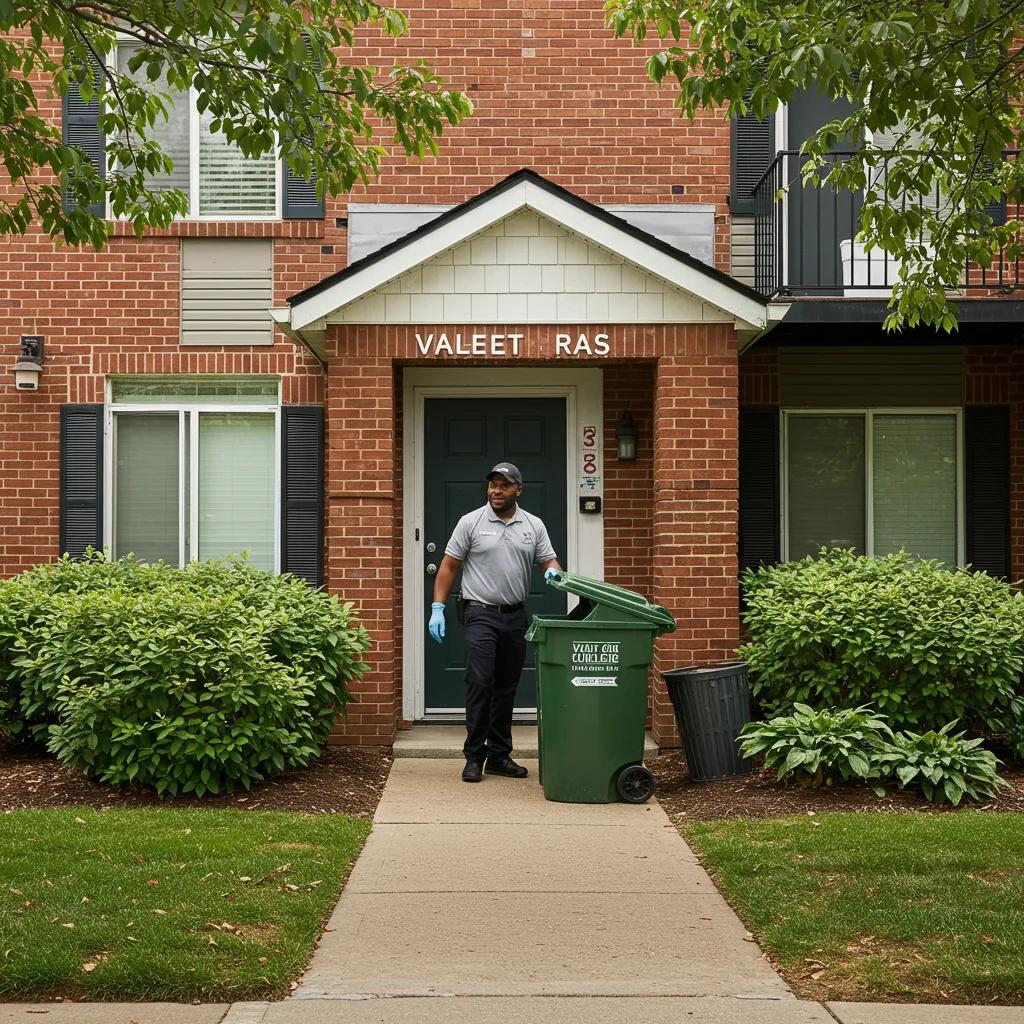 Valet trash technician collecting waste from an apartment doorstep in Minneapolis, highlighting convenience and cleanliness